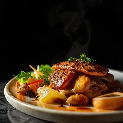 An abstract, close-up shot of steam gently rising from a perfectly plated hot dish on a dark, reflective surface. The steam catches soft, artistic backlighting, creating an ethereal glow around the food. The dish itself is blurred just enough to maintain mystery but conveys warmth and freshness. The scene evokes anticipation and sensory delight, focusing on the atmospheric element of a meal.